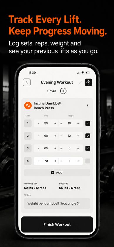 Ultimate Trainer workout tracker showing sets, reps, weight, previous lifts, and notes.