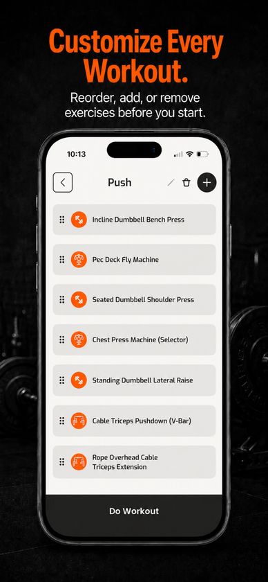 Ultimate Trainer workout planner showing exercises that can be reordered, added, or removed.