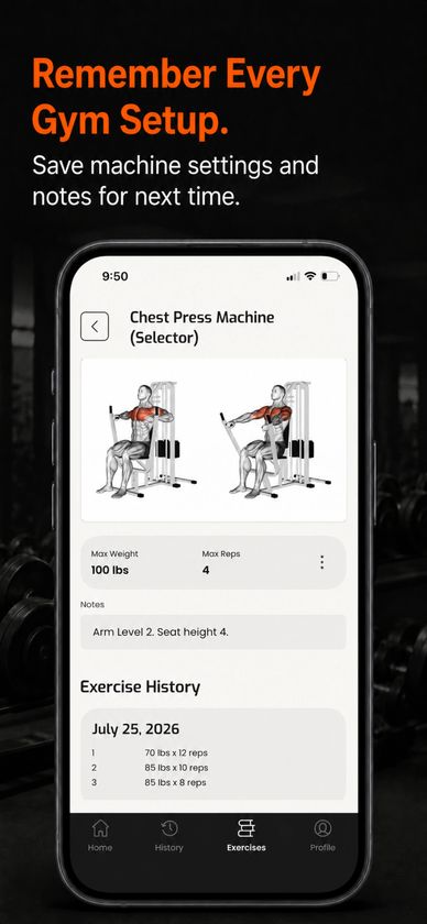 Ultimate Trainer exercise screen with machine settings, notes, max weight, and max reps.