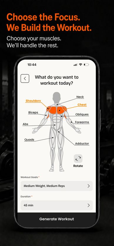 Ultimate Trainer workout generator for selecting muscle groups, goals, and duration.