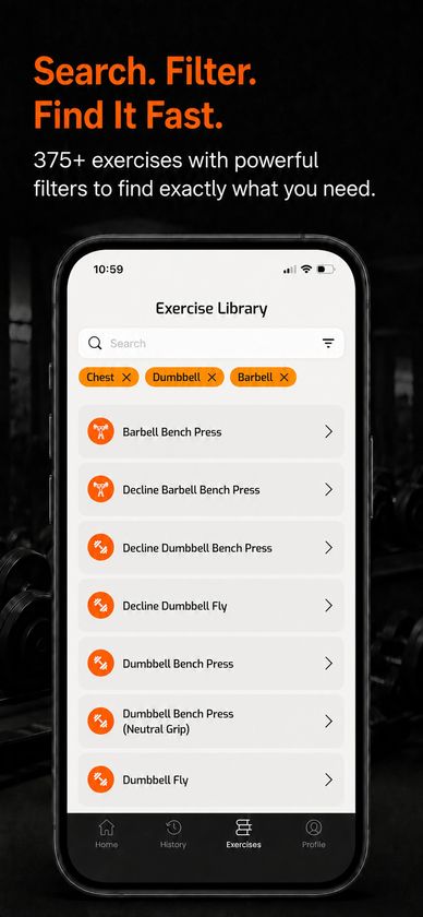 Ultimate Trainer exercise library with filters for 375+ exercises by muscle and equipment.