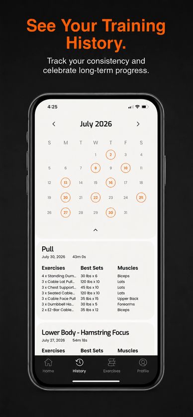 Ultimate Trainer workout history showing completed workouts, best sets, and training dates.