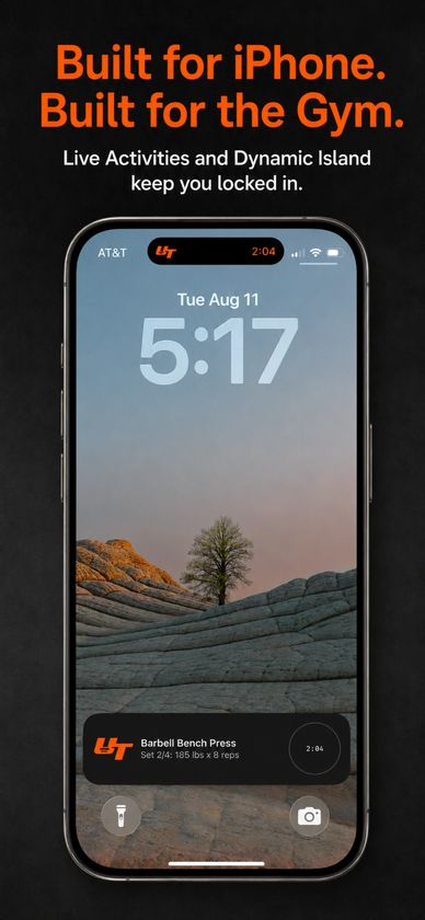 Ultimate Trainer Live Activity and Dynamic Island showing workout progress on iPhone.