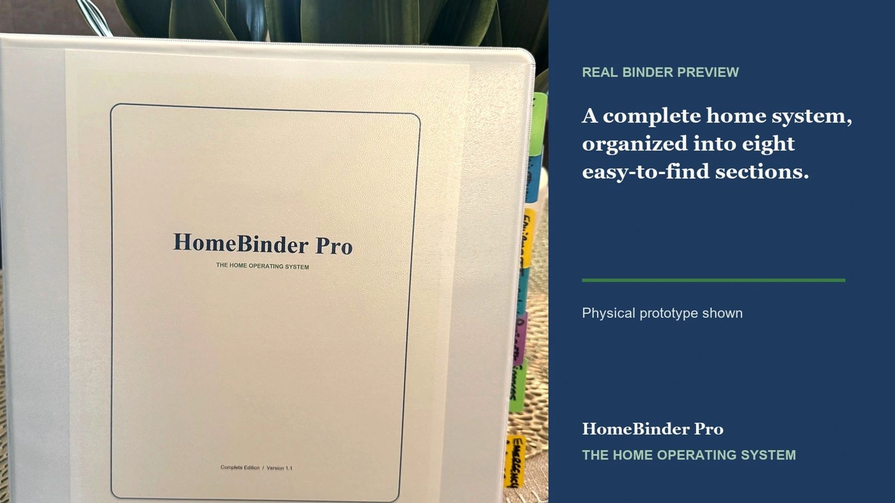 Real HomeBinder Pro physical binder with visible section tabs and labeled product features.