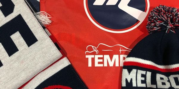 Winter accessories including a scarf and beanie with bold red, white, and blue colors.