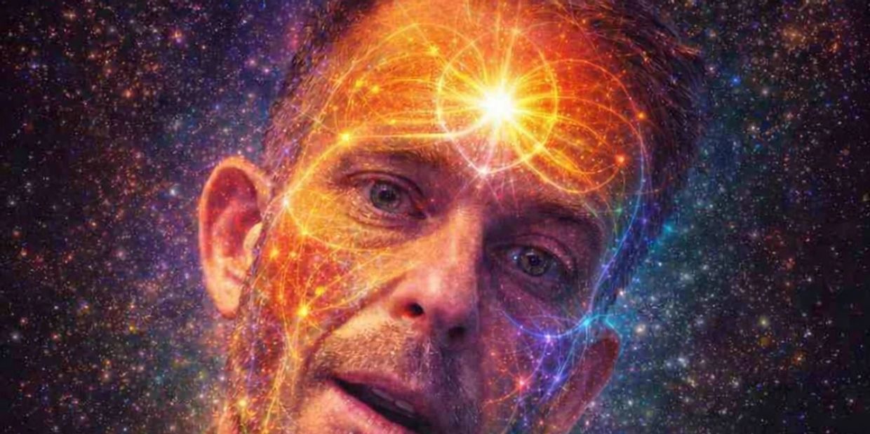 A man's face illuminated with cosmic, glowing energy patterns.