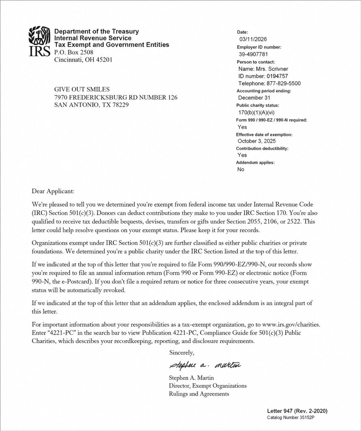 IRS letter confirming tax exemption for GIVE OUT SMILES charity in San Antonio, TX.