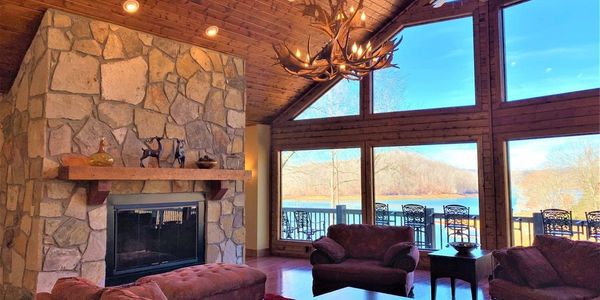 View of lake from the large great room .