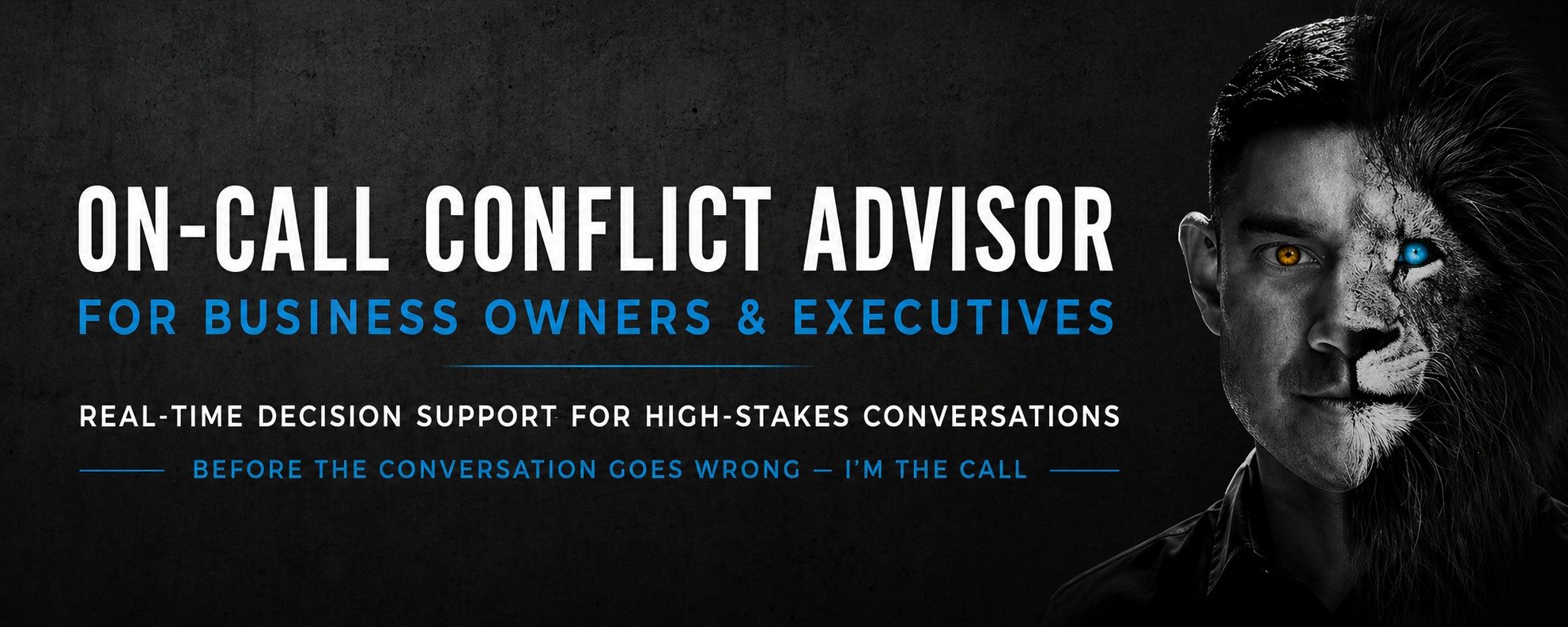 Half-man, half-lion face with text about conflict advising for business owners and executives.