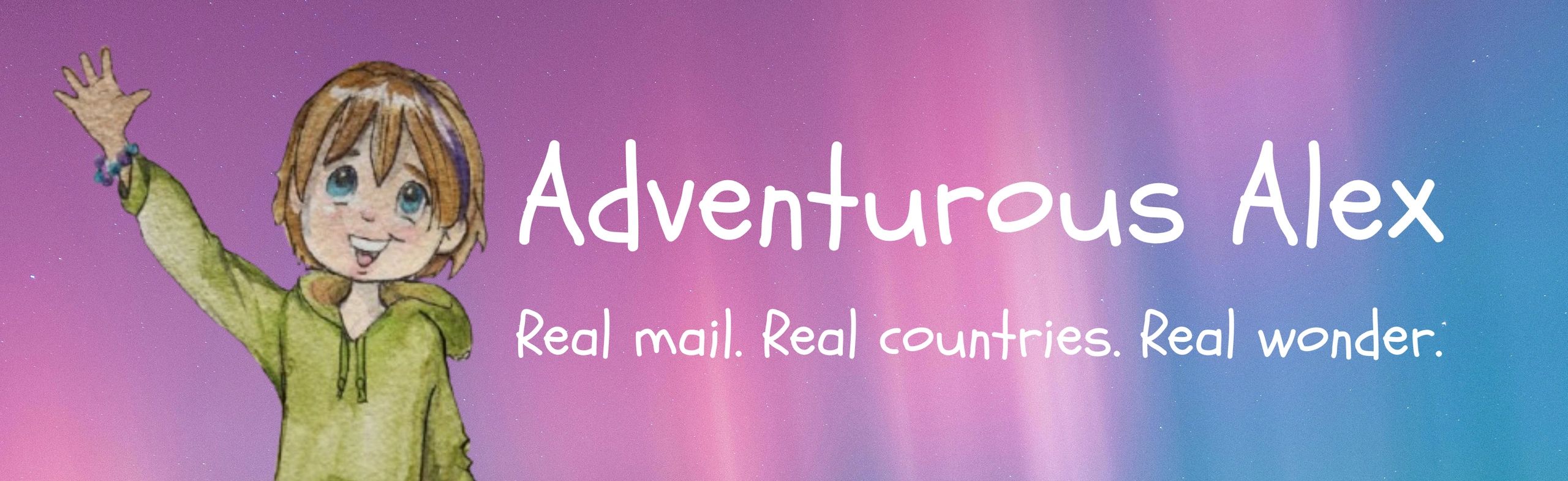 Adventurous Alex waving hello  to pen pal friends.