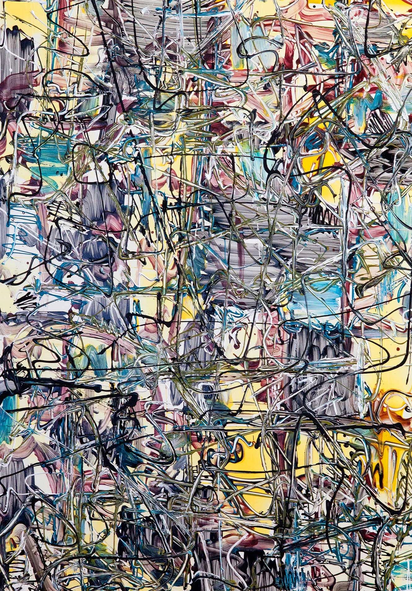 image of an Abstract Painting of Rob Adaierd ,Adá. Is green with floating lines, and strokes.