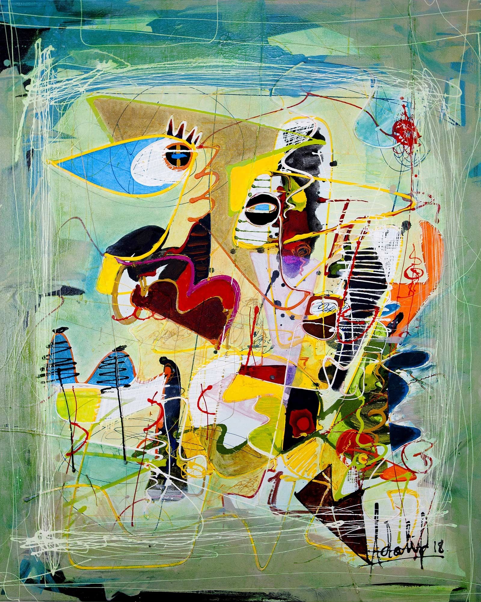 image of an Abstract Painting of Rob Adaierd ,Adá. Is green with floating lines, eyes, and strokes