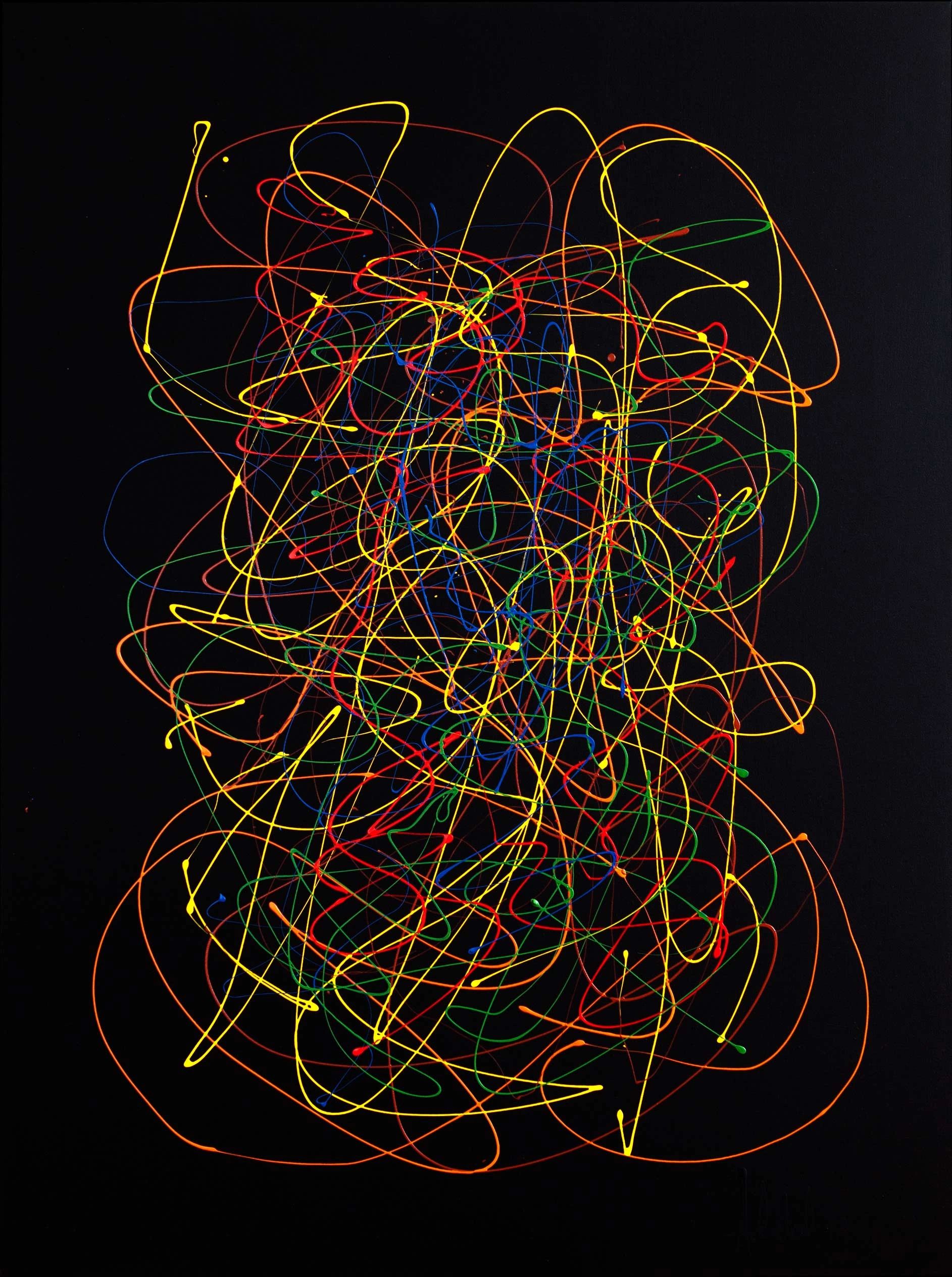 Abstract Painting black, with splines of color floating and making noodles. Rob Adalierd ( Adá )
