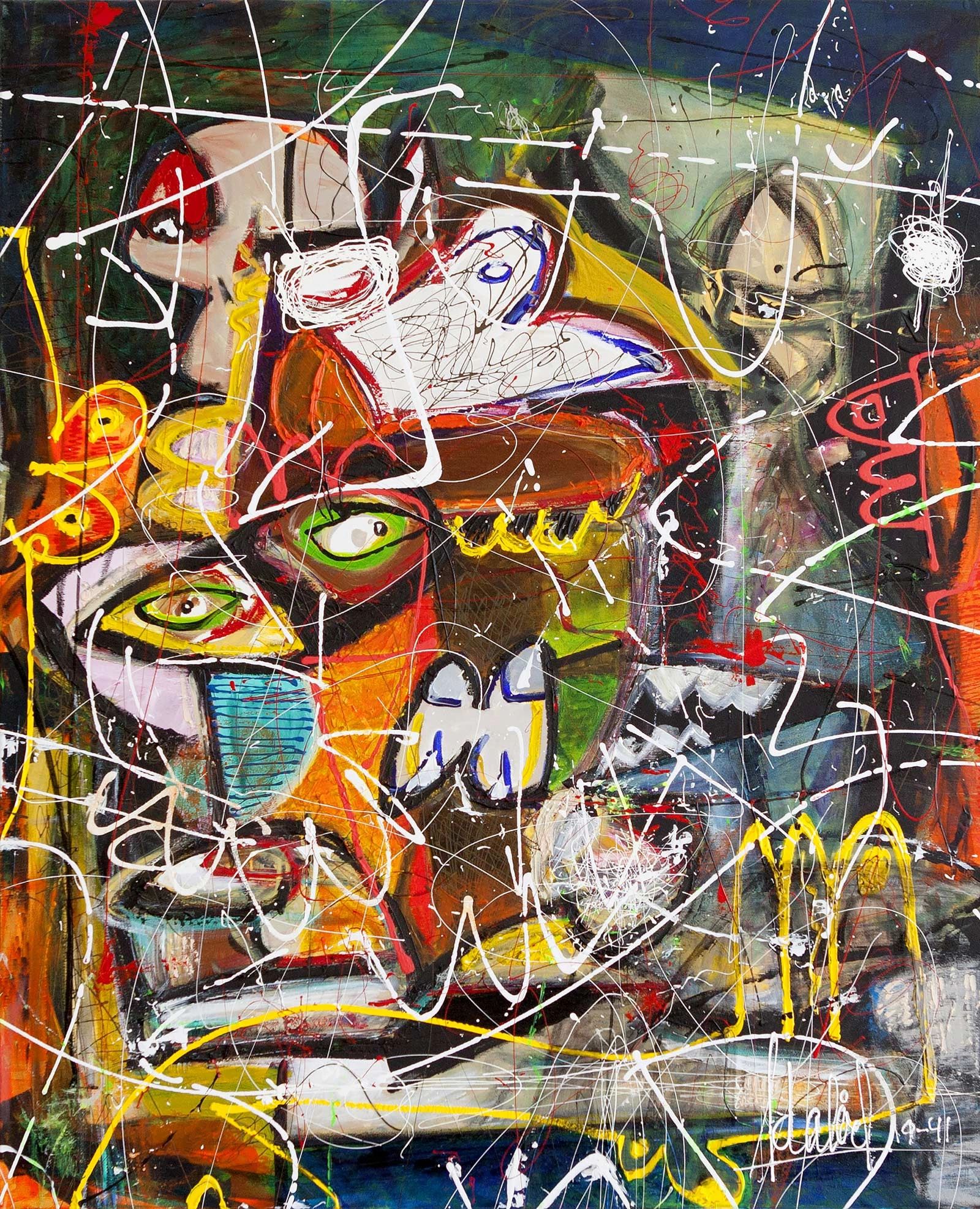 Uma pintura abstrata do pintor Adalierd (Adá) as linhas parecem animais, falam. colorida, cubista