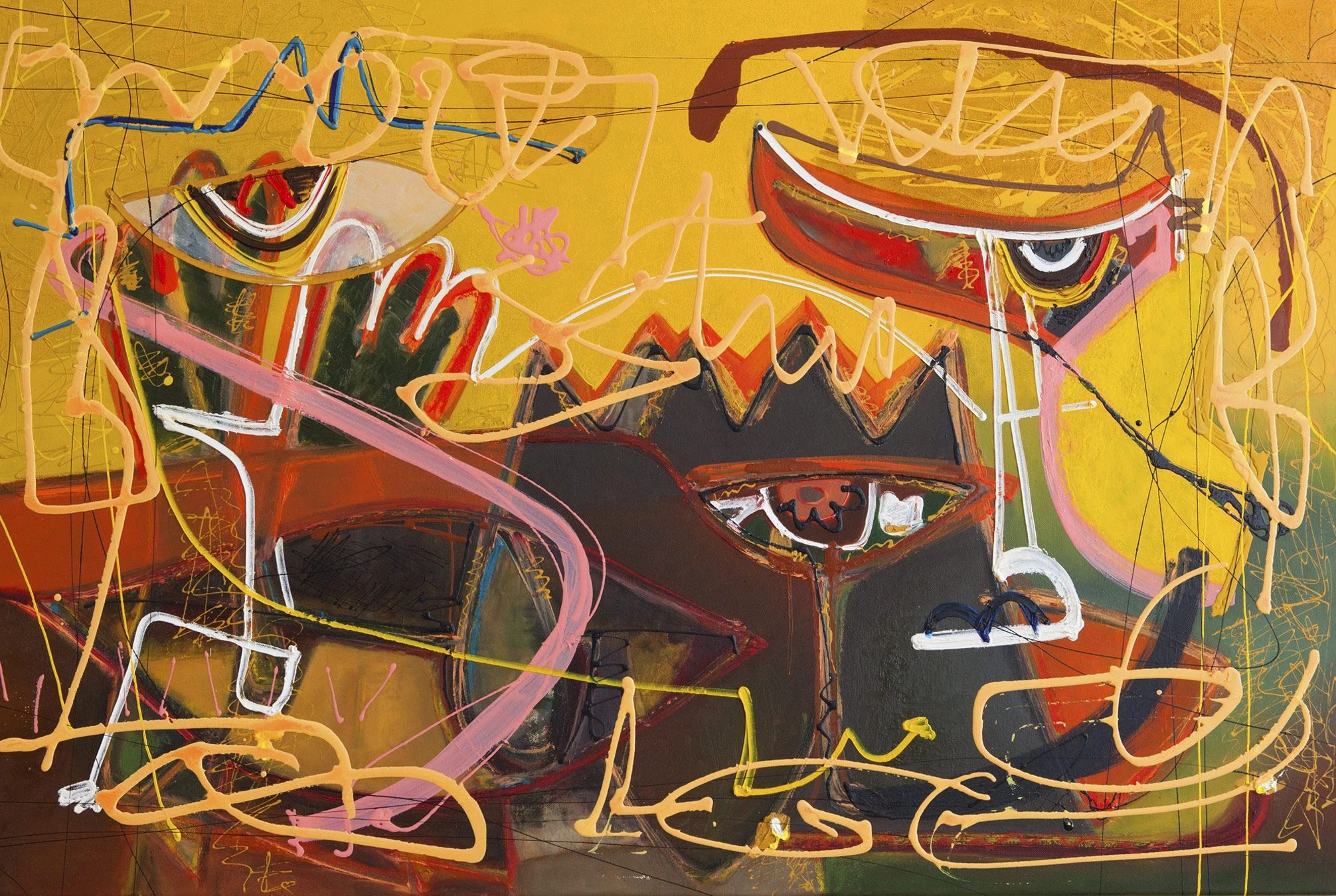 Uma pintura abstrata do pintor Adalied (Adá) as linhas parecem animais, falam. Es amarilla, cubista