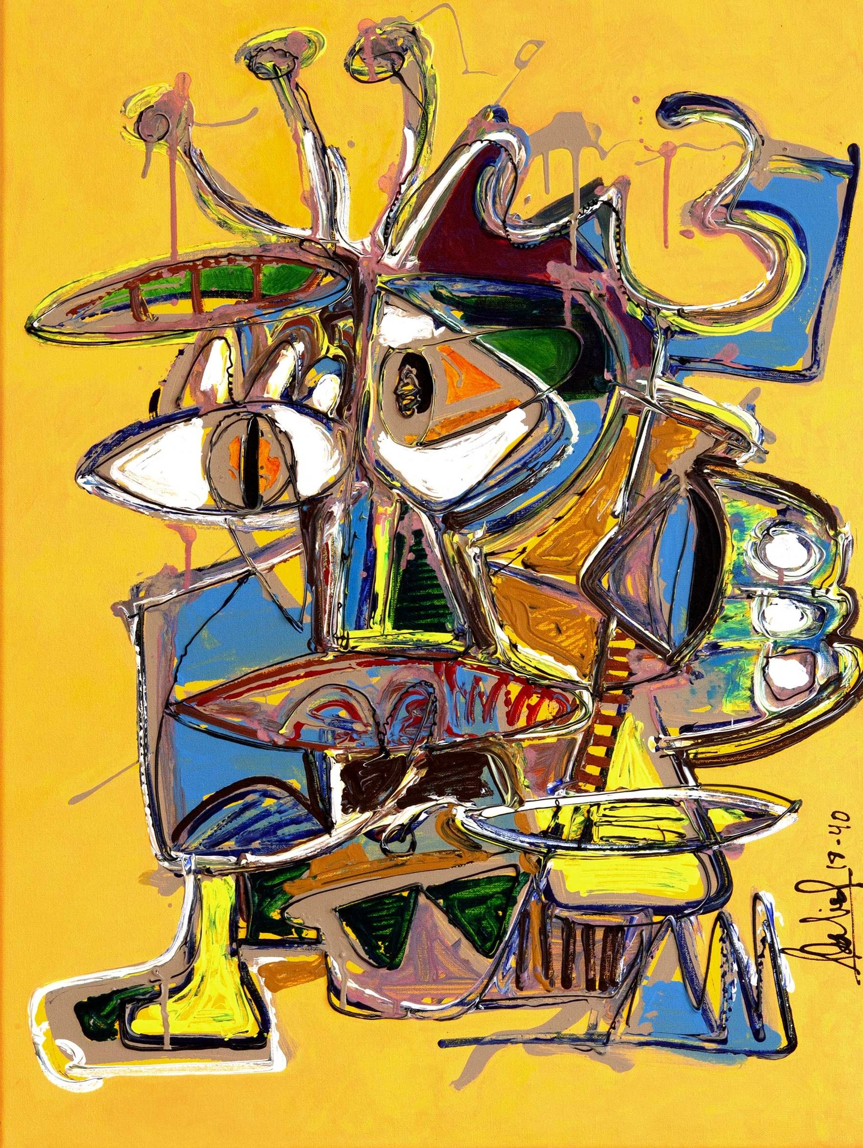 Abstract yellow Painting of Rob Adaierd ,Adá. Is zellow with a character, eyes, and strokes.