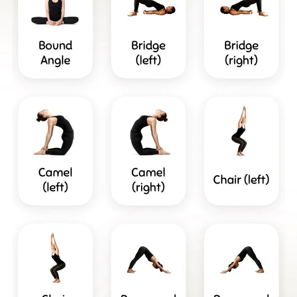 Series of yoga poses with names in English.