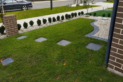 Lawn with stepping stones and small shrubbery.