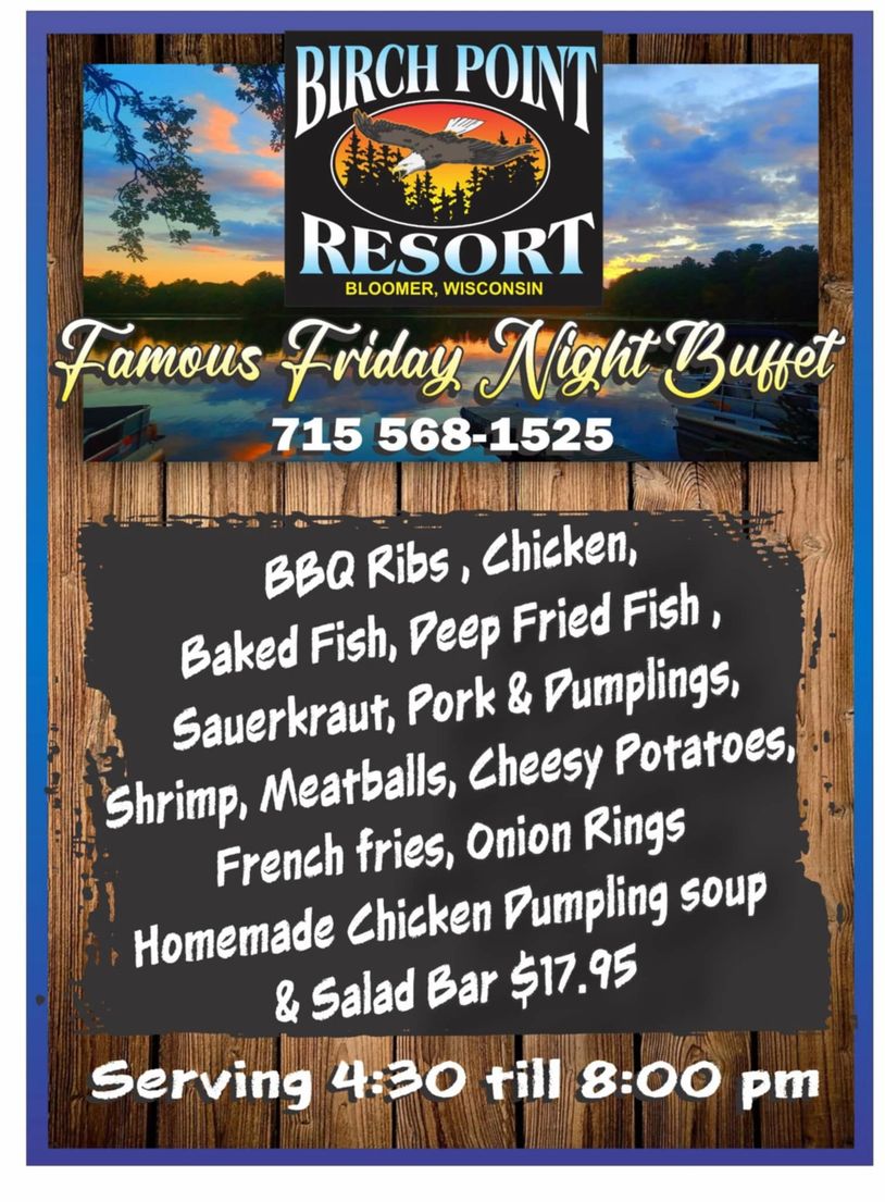 Birch Point Resort's famous Friday night buffet with BBQ ribs, chicken, seafood, and more.