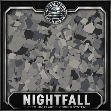 Premium gray flake flooring called Nightfall.