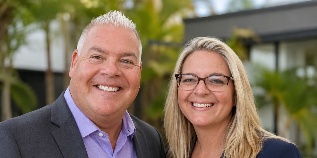 Two smiling adults posing outdoors.