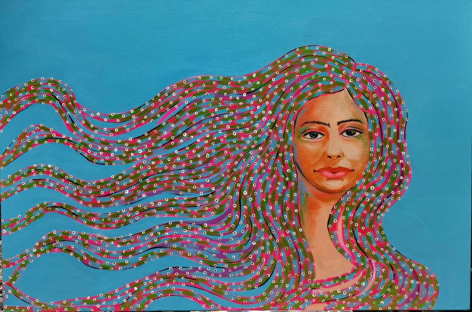 Colorful portrait of a woman with flowing, patterned hair against a blue background.
