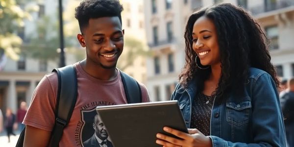 Two young people smiling while reading an outdoor information board in a city. New Orleans, Mobile.