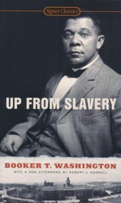 Book cover of "Up From Slavery" by Booker T. Washington with his portrait. Tuskegee University