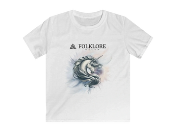 Kids t-shirt with a majestic unicorn and a pearly background with Folklore Decem above