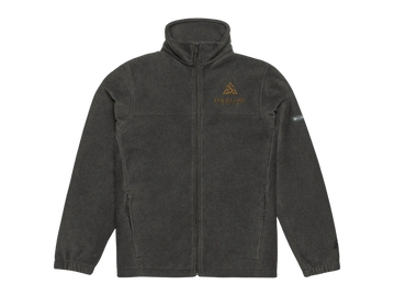 Image of a Columbia fleece cozy outdoor wear, Embroidered Folklore Decem branded gold and dark grey