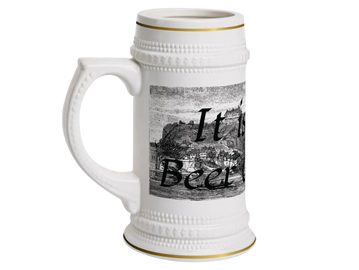 image of a white ceramic mug with gold trim top and bottom with funny saying its beer o' clock
