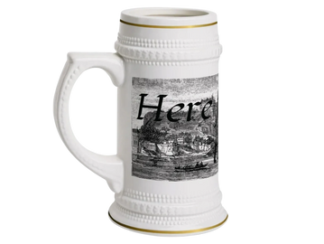 image of a white ceramic mug with gold trim top and bottom with funny saying here for the beer