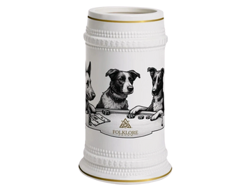image of a white ceramic mug with gold trim top and bottom with funny image dogs playing poker