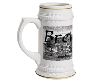 image of a white ceramic mug with gold trim top and bottom with funny saying brewski beer