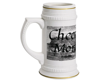 image of a white ceramic mug with gold trim top and bottom with funny saying cheers to more beers
