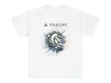 Unisex t-shirt with a majestic unicorn and pearly backround with Foklore Decem above