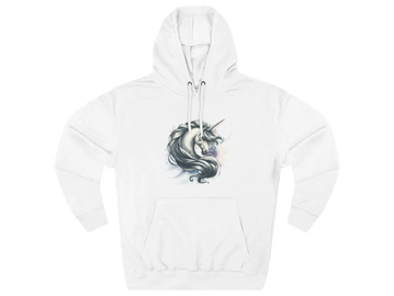 Pull over hoodie with a majestic unicorn with a pearly background 