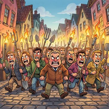 AI image of an angry mob with pitchforks and torches