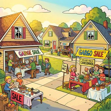 AI generated image of a neighborhood garage sale