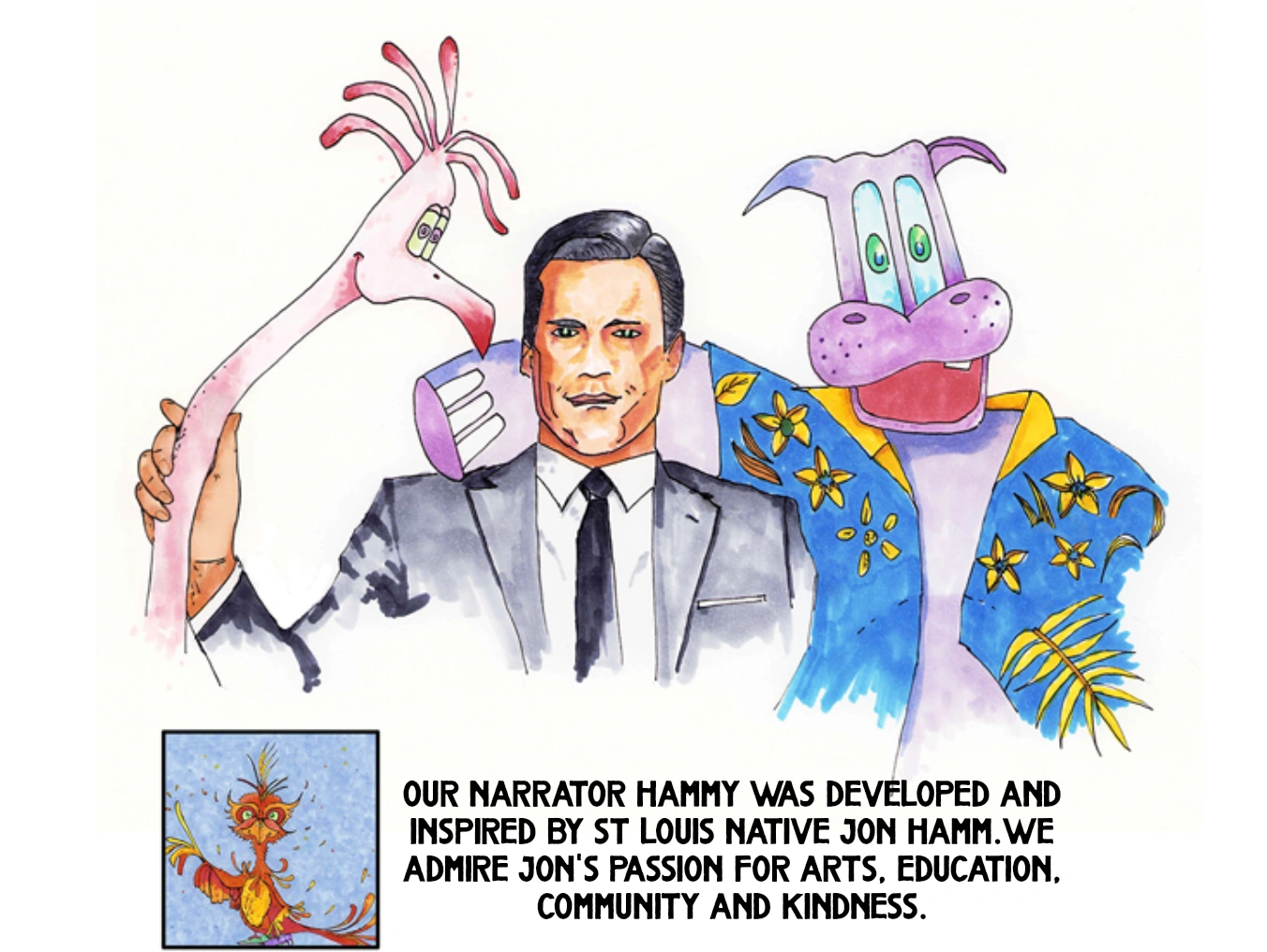 Illustration of Jon Hamm with two colorful cartoon characters, celebrating his inspiration for a narrator character named Hammy.