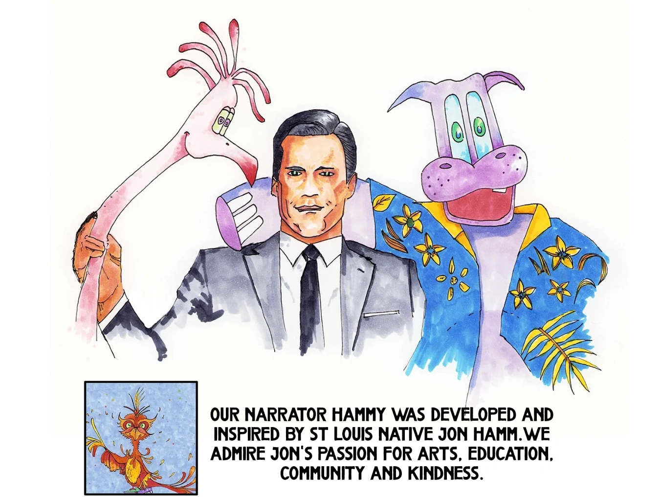 Illustration of Jon Hamm with two colorful cartoon characters, celebrating his inspiration for a narrator character named Hammy.