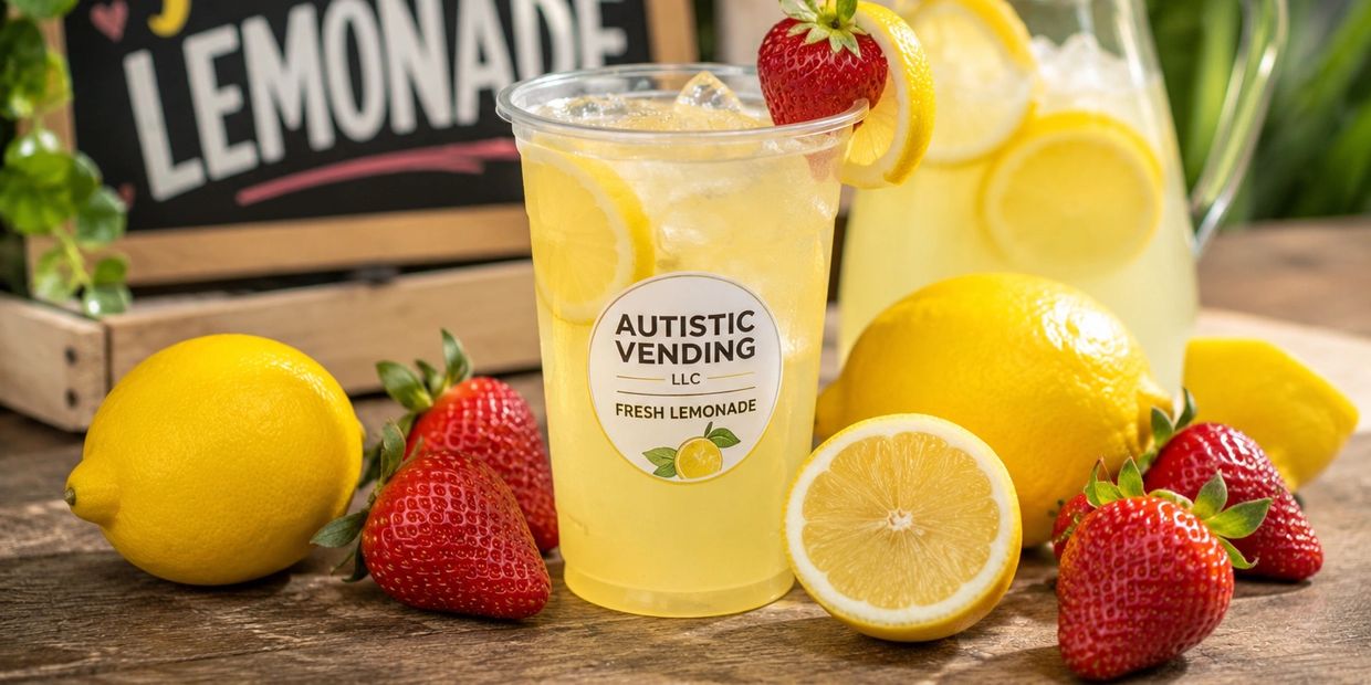 Fresh lemonade with strawberries and lemons in a clear cup labeled Autistic Vending.