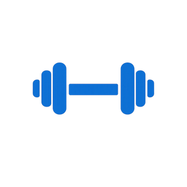 Blue dumbbell icon on a textured wooden background.