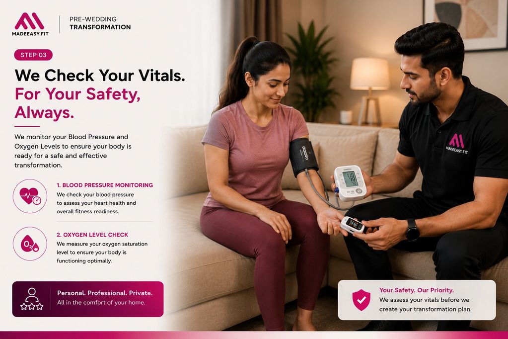 Fitness professional checks a woman's blood pressure and oxygen levels at home.