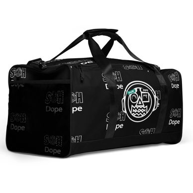 Black duffle bag with SoH Dope logo and abstract face design.
