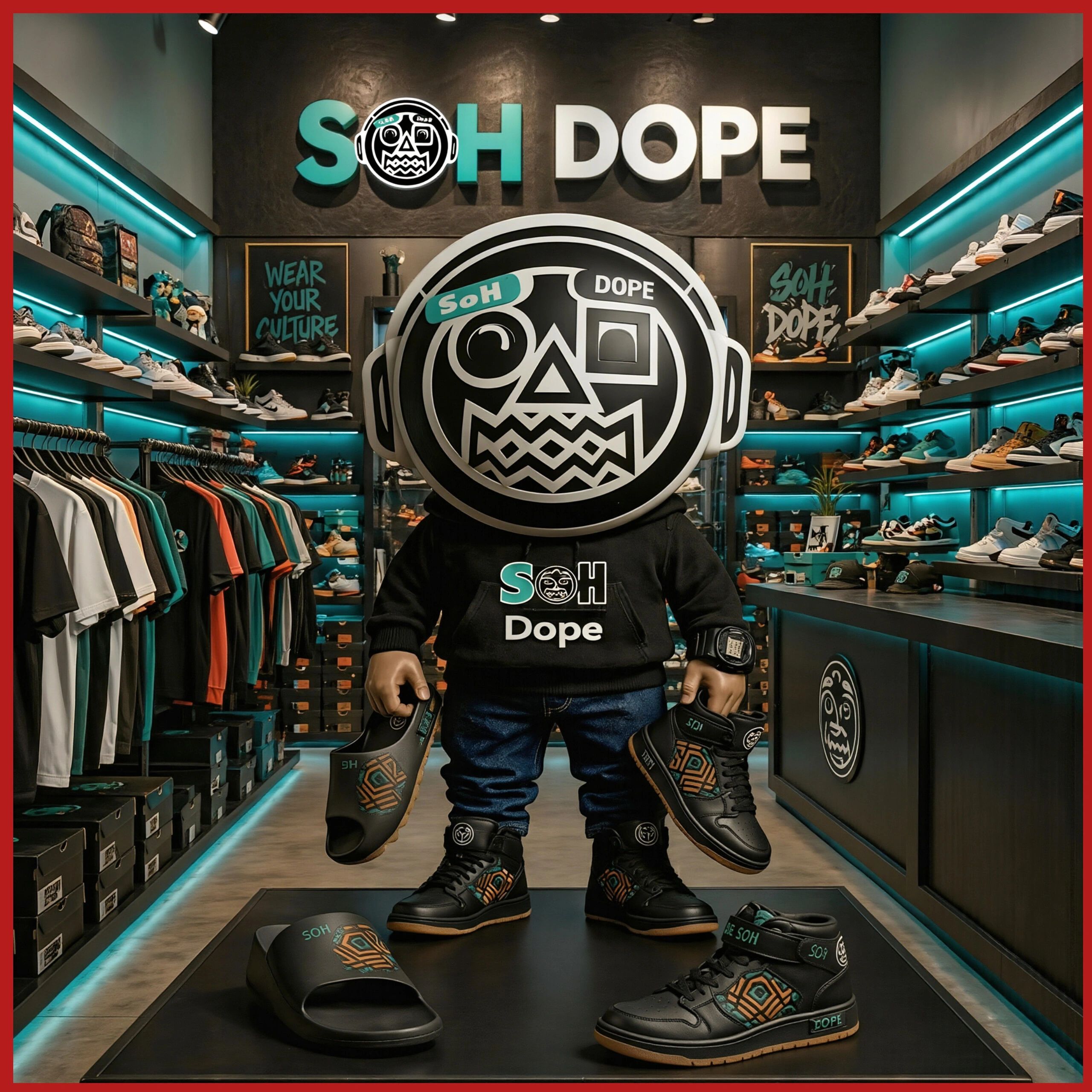 Person with a large cartoonish head mascot holding sneakers in a stylish sneaker store.