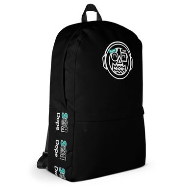 Black backpack with unique face design and 'Soul Dope' text.