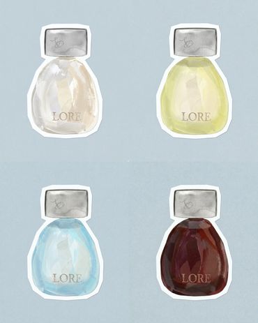 Four watercolor perfume bottles in different colors.