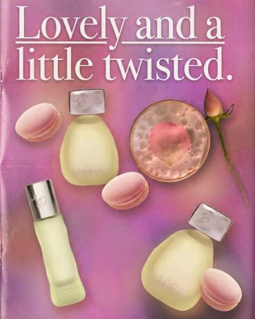 Perfume and macarons with the text Lovely and a little twisted.