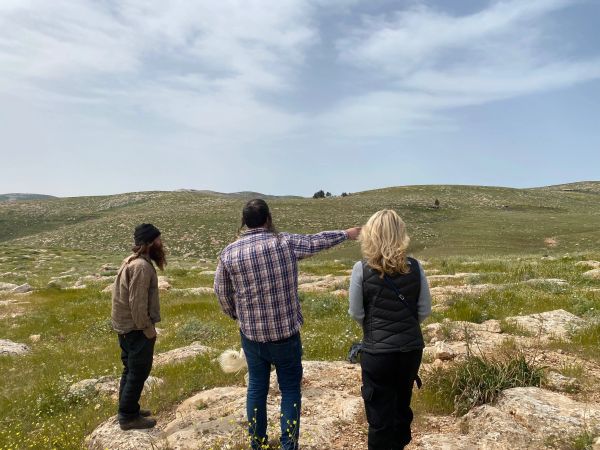 Three people gazing at hilly grasslands under a cloudy sky.